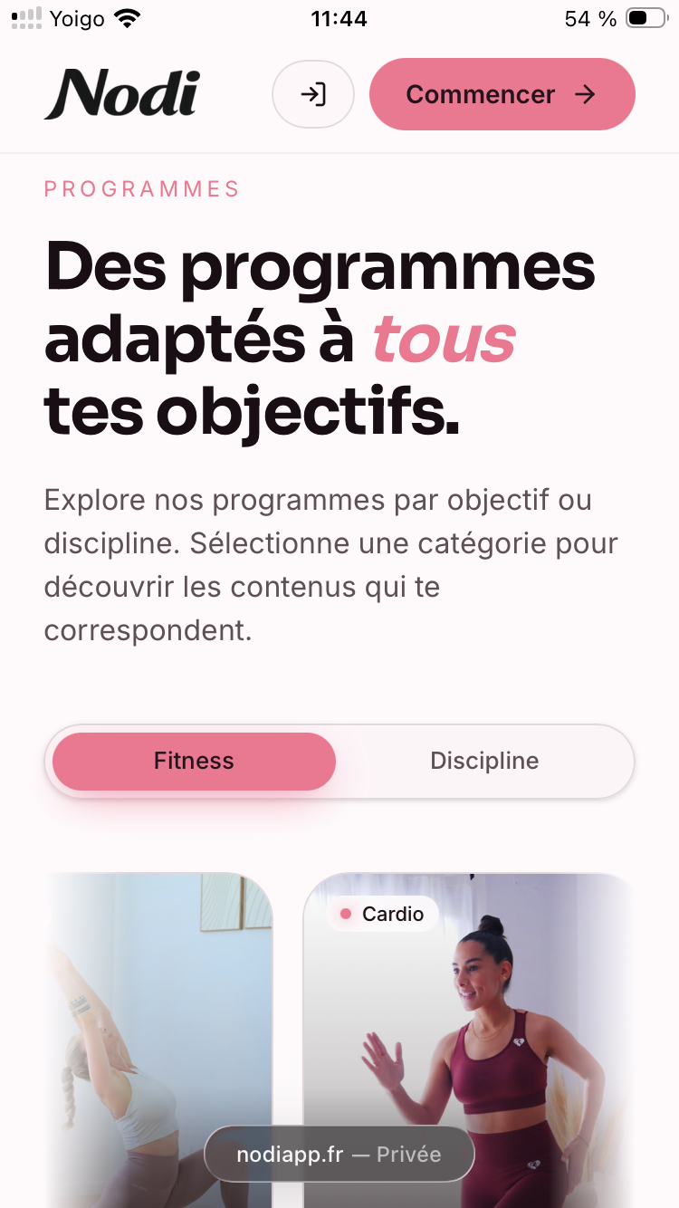 Page du site web Nodi présentant les programmes par objectif et discipline
